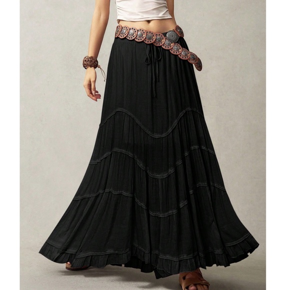 Plus Solid Stretchy Drawstring Waist Ruffle Hem Maxi Skirt - Picture 4 of 4